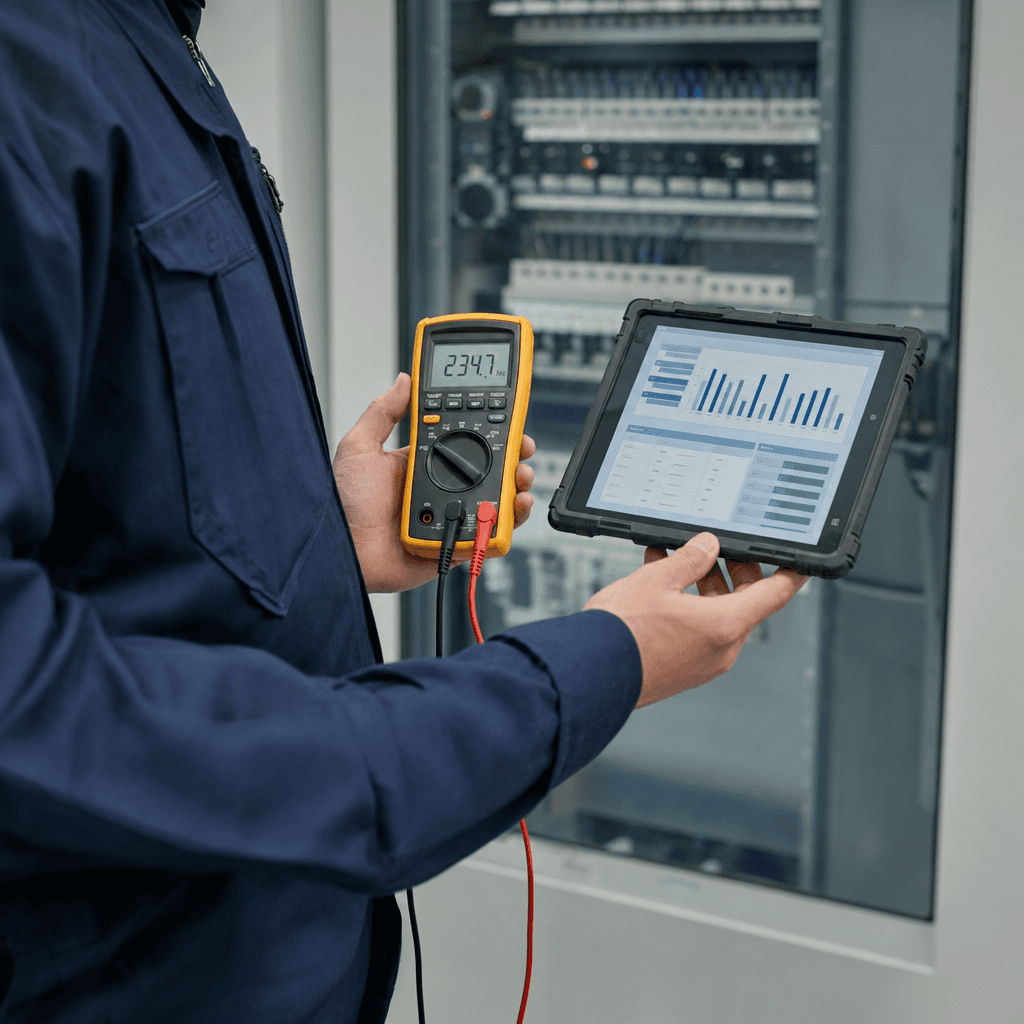Technicus met multimeter en tablet tijdens indienststelling op een industriële installatie.