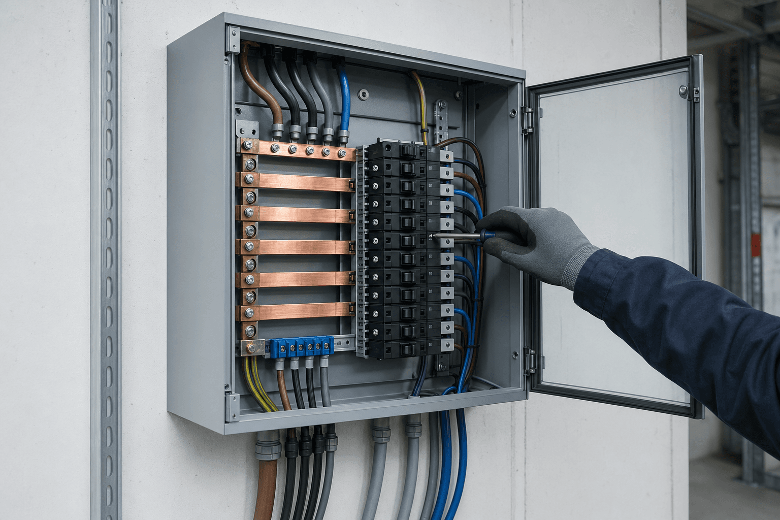 Tableau électrique industriel avec disjoncteurs en cours d'installation sur un chantier belge.