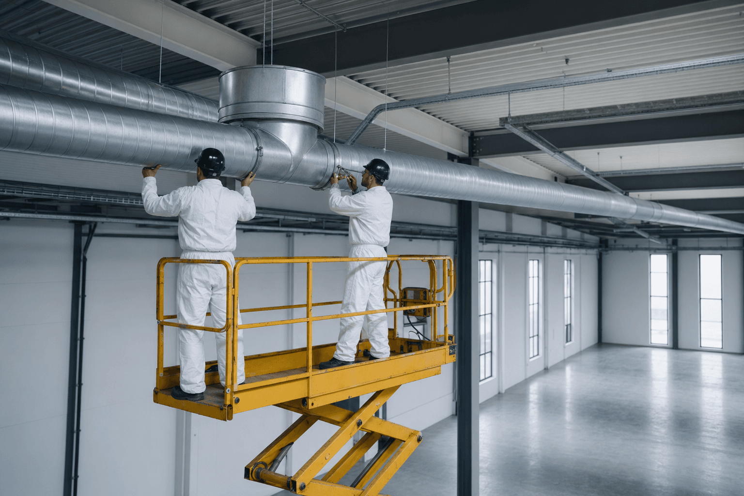 Twee technici installeren gegalvaniseerde ventilatiekanalen in een Belgisch industrieel plafond.