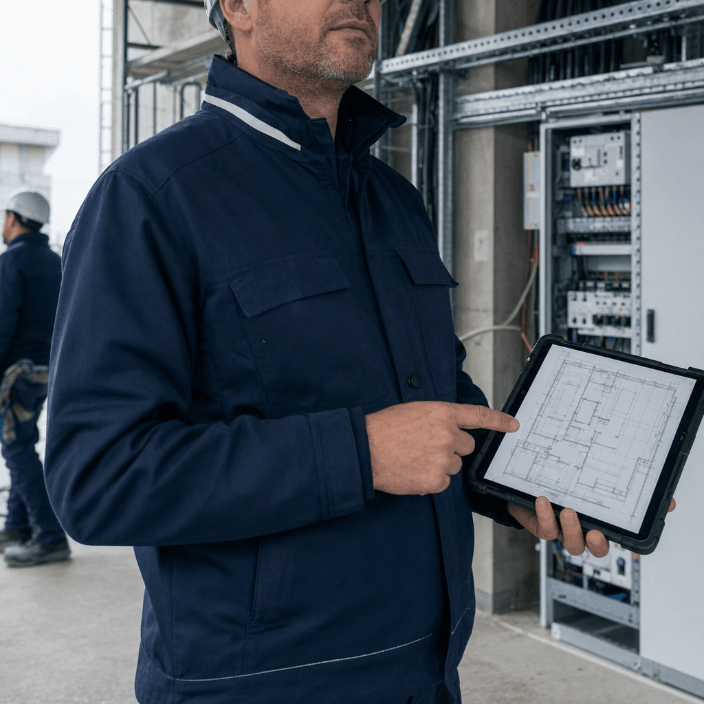I.G. Solutions foreman reviewing a technical floor plan on an industrial tablet during a Belgian construction site visit.