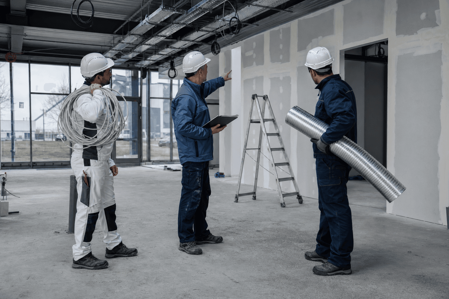 Multitechnische ploeg op een Belgische werf — elektriciteit, ventilatie en sanitair gecoördineerd door één team.